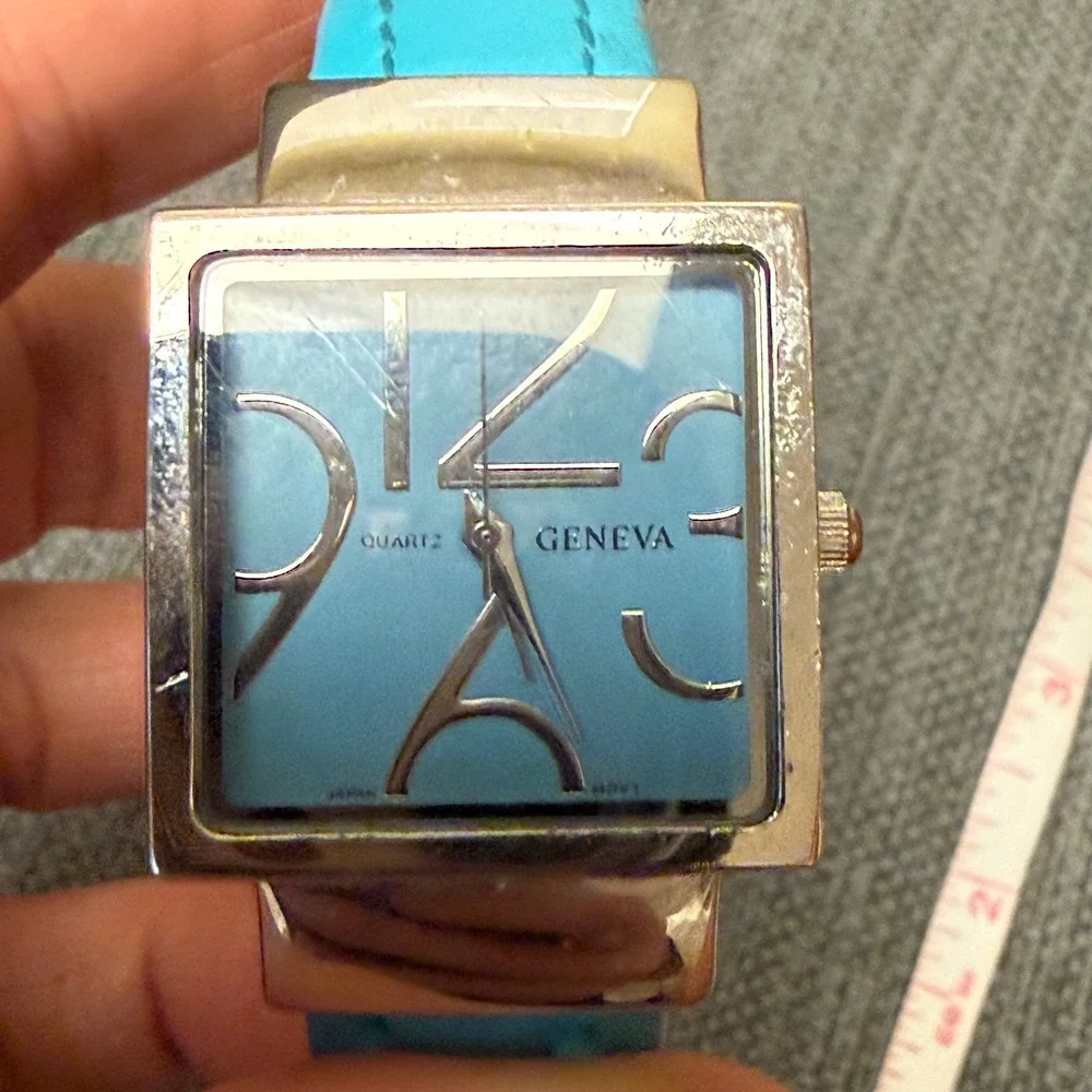 Geneva Quartz Watch Square Turquoise Blue Dial Silver Tone Cuff Bangle Works